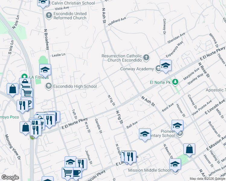 map of restaurants, bars, coffee shops, grocery stores, and more near 1406 North Fig Street in Escondido