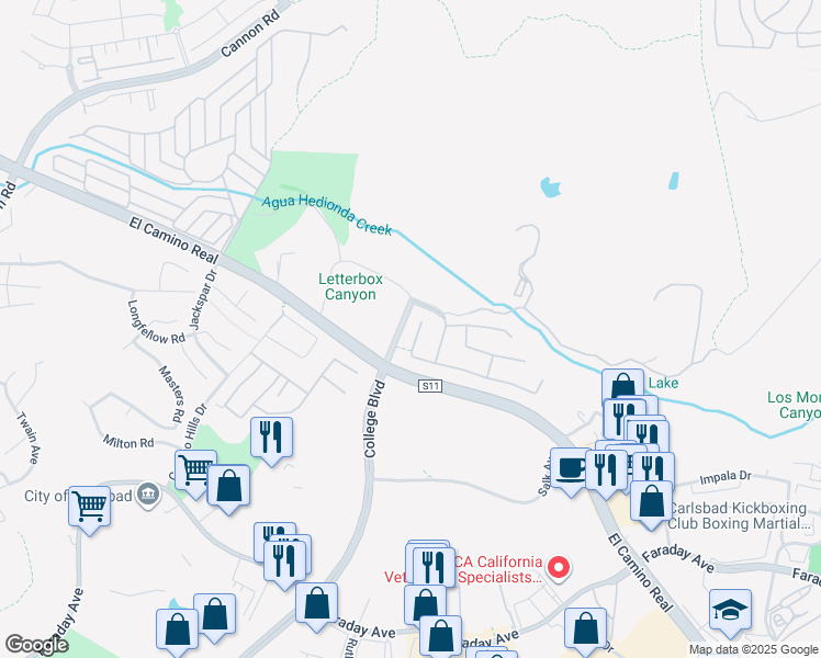 map of restaurants, bars, coffee shops, grocery stores, and more near 5423 Foxtail Loop in Carlsbad
