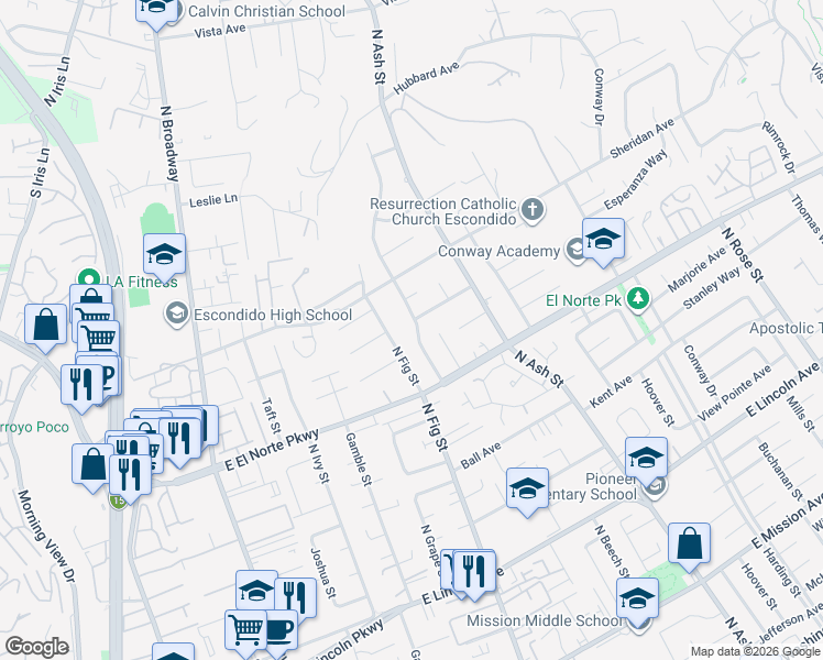 map of restaurants, bars, coffee shops, grocery stores, and more near 1401 North Elm Street in Escondido