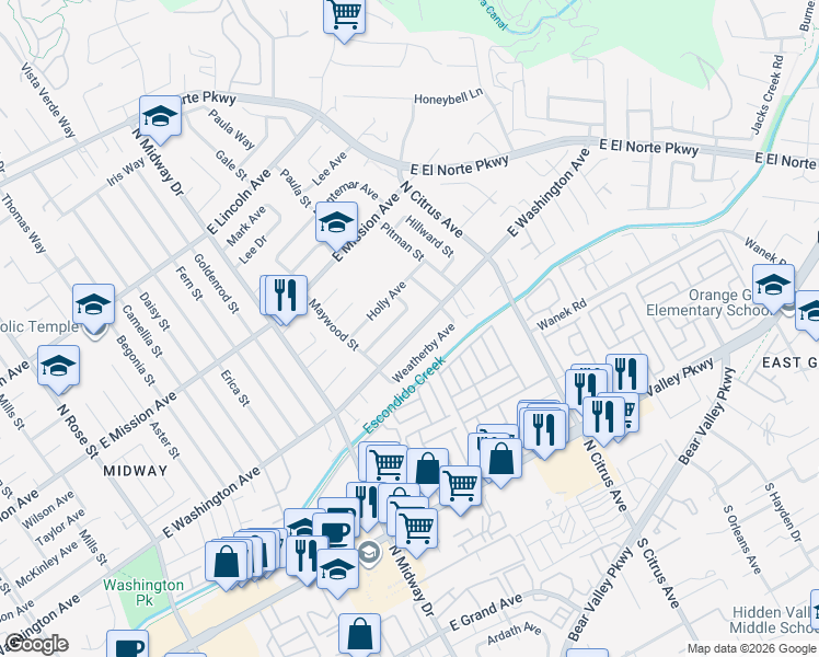map of restaurants, bars, coffee shops, grocery stores, and more near 2210 East Washington Avenue in Escondido
