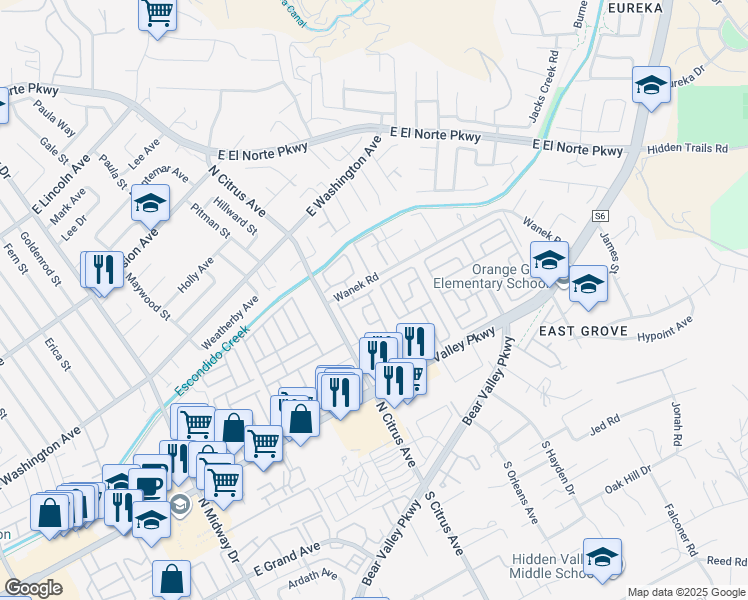 map of restaurants, bars, coffee shops, grocery stores, and more near 472 Devonshire Glen in Escondido
