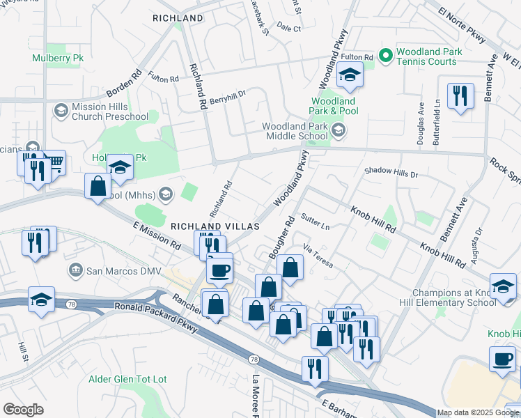 map of restaurants, bars, coffee shops, grocery stores, and more near 404 Woodland Parkway in San Marcos