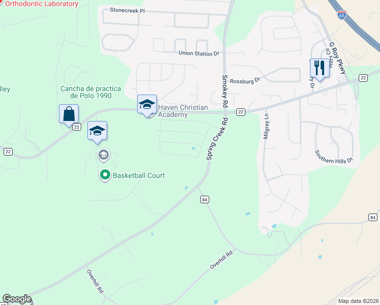 map of restaurants, bars, coffee shops, grocery stores, and more near 6069 Spring Creek Road in Montevallo