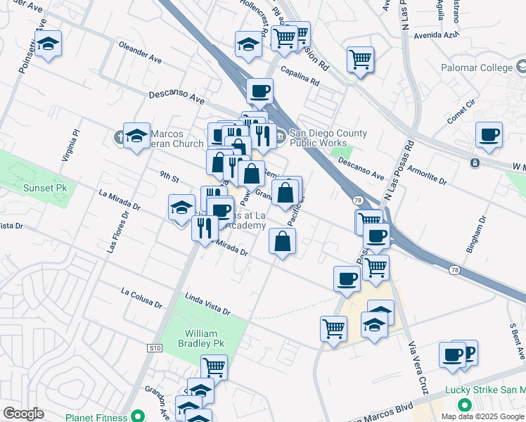 map of restaurants, bars, coffee shops, grocery stores, and more near 1557 Grand Avenue in San Marcos