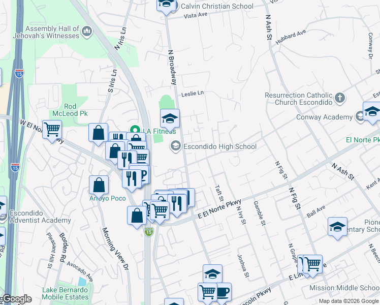 map of restaurants, bars, coffee shops, grocery stores, and more near 1526-30 North Broadway in Escondido