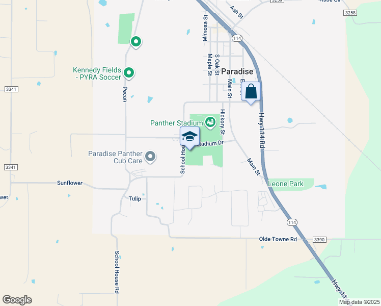 map of restaurants, bars, coffee shops, grocery stores, and more near 338 School House Road in Paradise