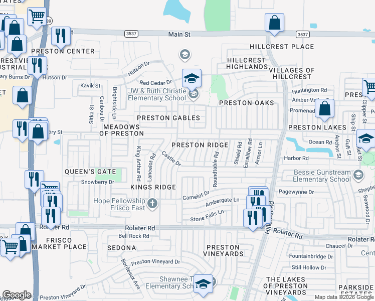 map of restaurants, bars, coffee shops, grocery stores, and more near 7851 Tournament Road in Frisco