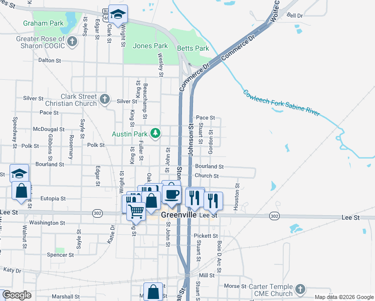map of restaurants, bars, coffee shops, grocery stores, and more near 1906 Johnson Street in Greenville