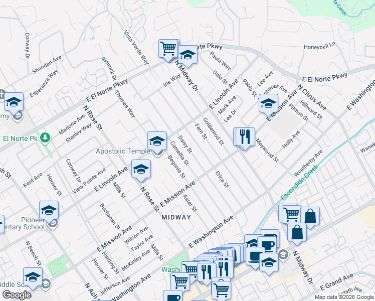 map of restaurants, bars, coffee shops, grocery stores, and more near 909 Camellia Street in Escondido