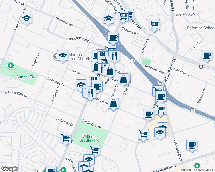 map of restaurants, bars, coffee shops, grocery stores, and more near 259 Pawnee Street in San Marcos