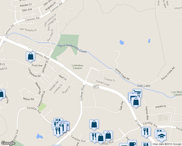 map of restaurants, bars, coffee shops, grocery stores, and more near 5435 Foxtail Loop in Carlsbad
