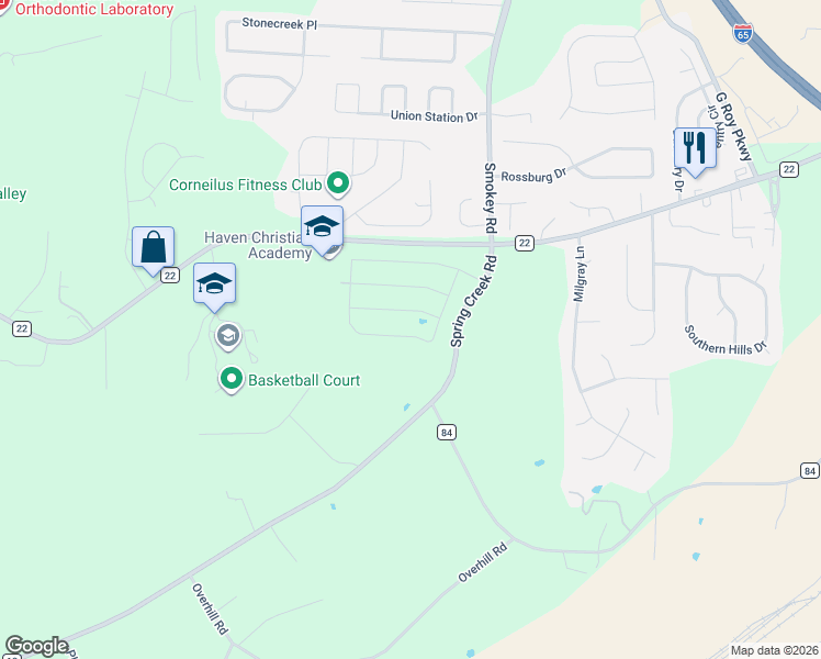 map of restaurants, bars, coffee shops, grocery stores, and more near 6069 Spring Creek Road in Montevallo