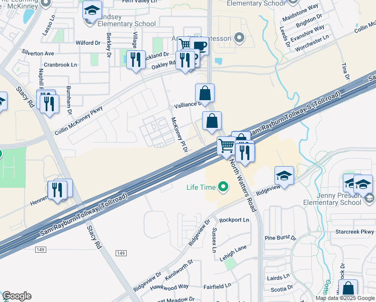 map of restaurants, bars, coffee shops, grocery stores, and more near 5701 McKinney Place Drive in McKinney