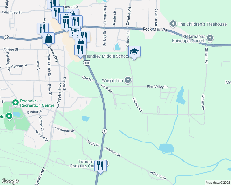 map of restaurants, bars, coffee shops, grocery stores, and more near 152 Cook Road in Roanoke