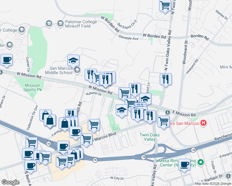 map of restaurants, bars, coffee shops, grocery stores, and more near 432 West Mission Road in San Marcos