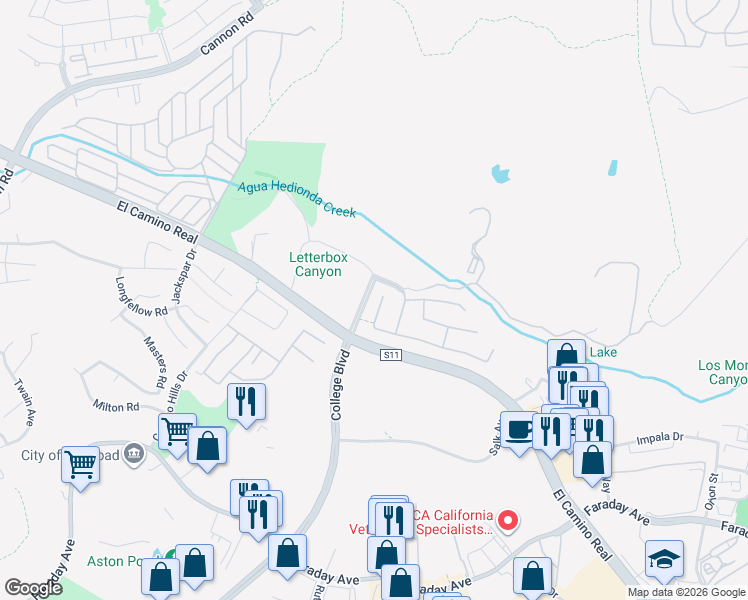 map of restaurants, bars, coffee shops, grocery stores, and more near 5435 Foxtail Loop in Carlsbad