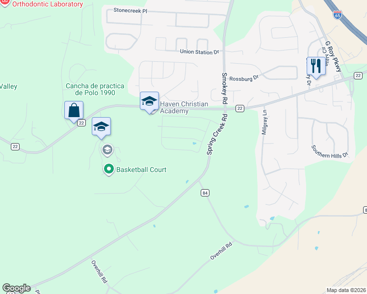map of restaurants, bars, coffee shops, grocery stores, and more near 5955 Spring Creek Road in Montevallo