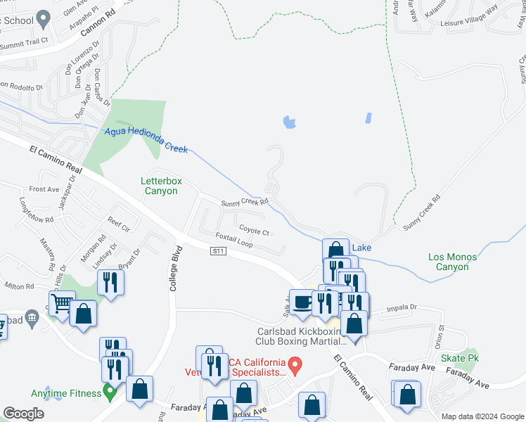 map of restaurants, bars, coffee shops, grocery stores, and more near 5478 Wolverine Terrace in Carlsbad