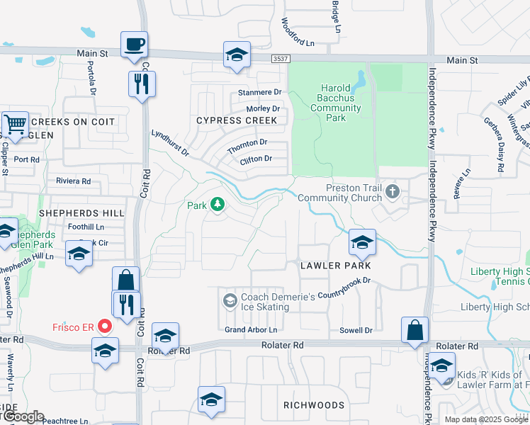 map of restaurants, bars, coffee shops, grocery stores, and more near 8042 Edgefield Court in Frisco
