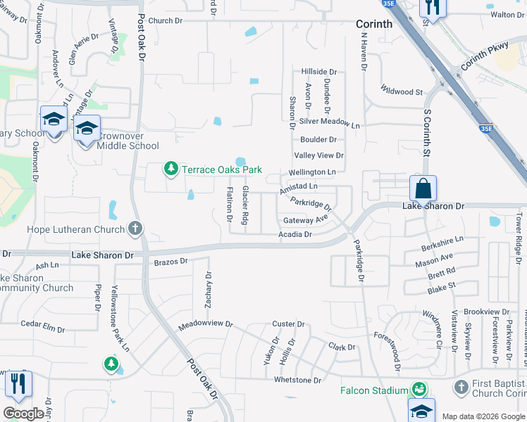 map of restaurants, bars, coffee shops, grocery stores, and more near 2307 Lake Sharon Drive in Corinth