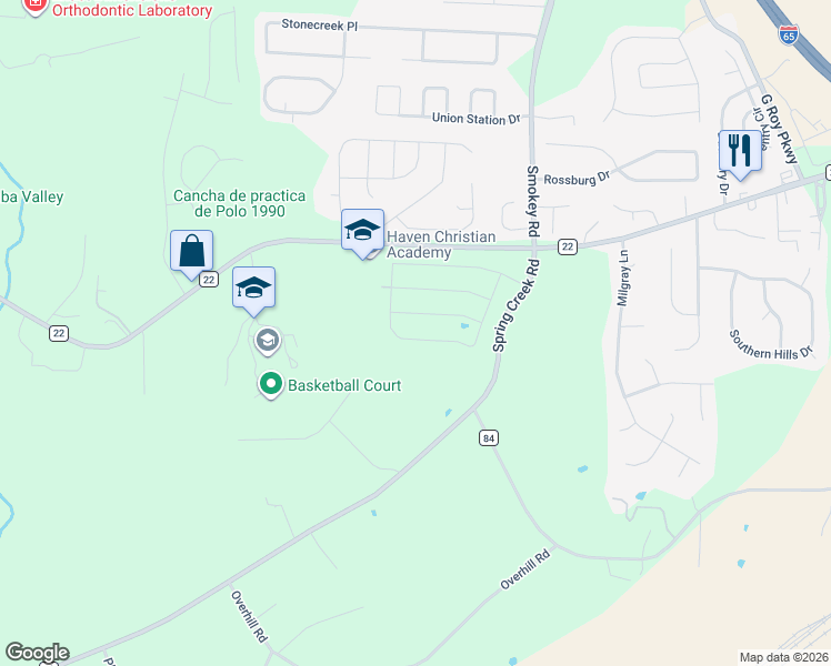 map of restaurants, bars, coffee shops, grocery stores, and more near 5955 Spring Creek Road in Montevallo