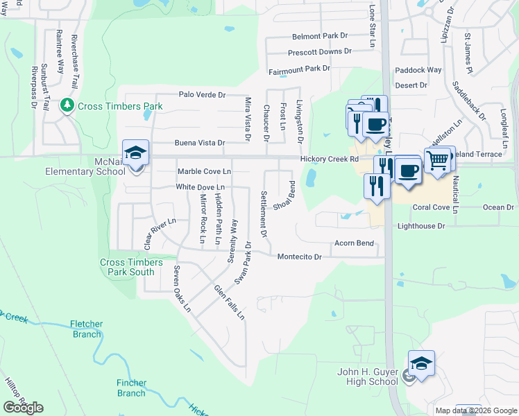 map of restaurants, bars, coffee shops, grocery stores, and more near 7812 Settlement Drive in Denton