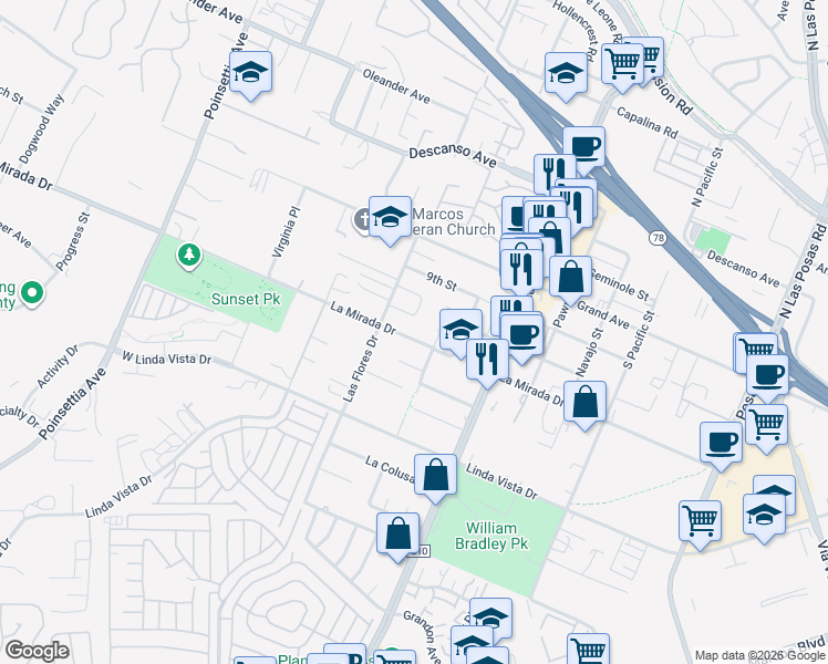 map of restaurants, bars, coffee shops, grocery stores, and more near 3644 La Mirada Drive in San Marcos