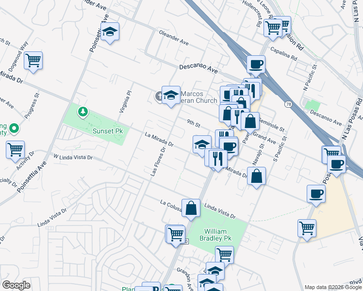 map of restaurants, bars, coffee shops, grocery stores, and more near 3644 La Mirada Drive in San Marcos