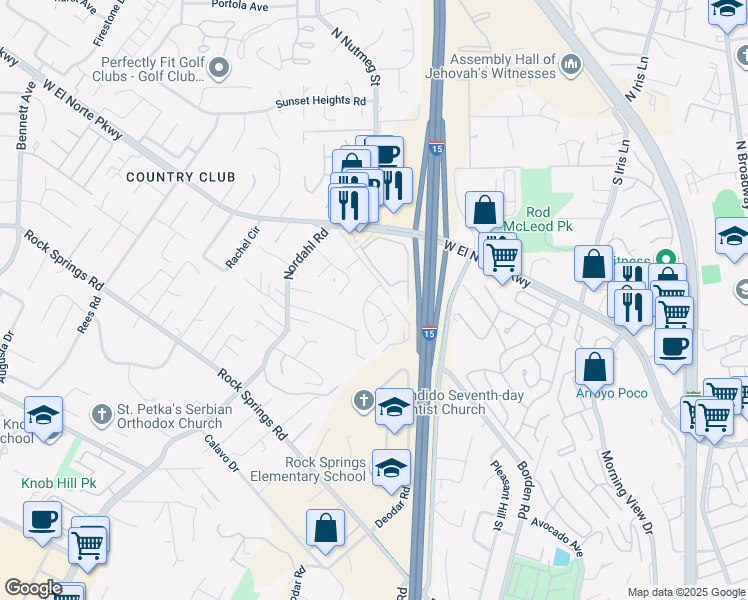 map of restaurants, bars, coffee shops, grocery stores, and more near 1641 Borden Road in Escondido