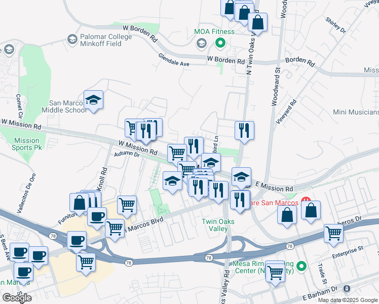 map of restaurants, bars, coffee shops, grocery stores, and more near in San Marcos