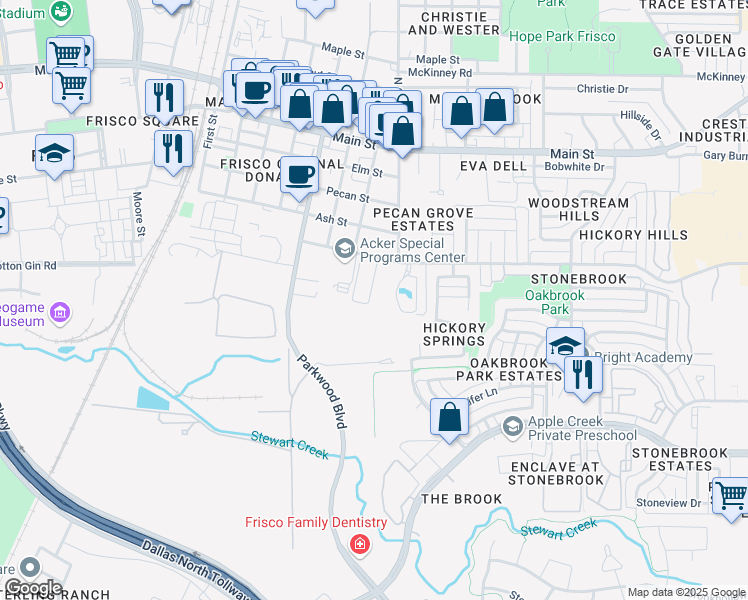 map of restaurants, bars, coffee shops, grocery stores, and more near 7275 Hickory Street in Frisco