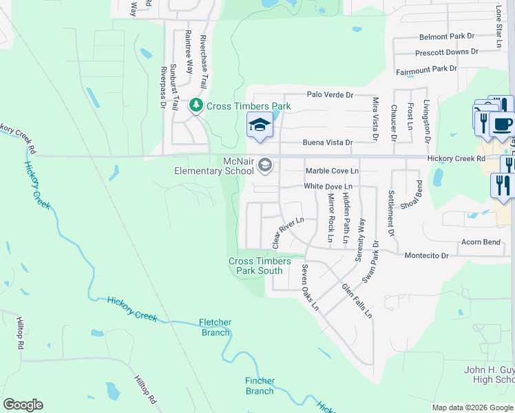 map of restaurants, bars, coffee shops, grocery stores, and more near 8000 Winding Stream Lane in Denton
