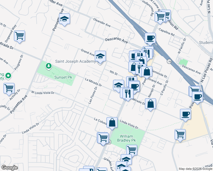 map of restaurants, bars, coffee shops, grocery stores, and more near 3644 La Mirada Drive in San Marcos