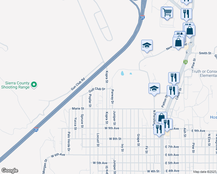 map of restaurants, bars, coffee shops, grocery stores, and more near 1018 Kopra Street in Truth or Consequences
