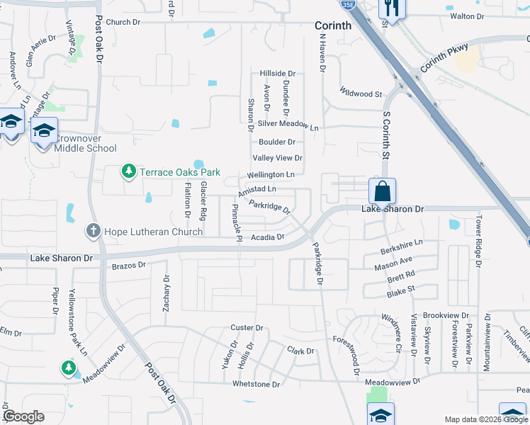 map of restaurants, bars, coffee shops, grocery stores, and more near 2303 Lake Sharon Drive in Corinth