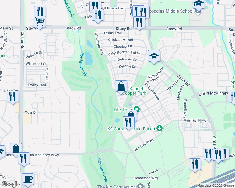map of restaurants, bars, coffee shops, grocery stores, and more near 5909 Settlement Way in McKinney