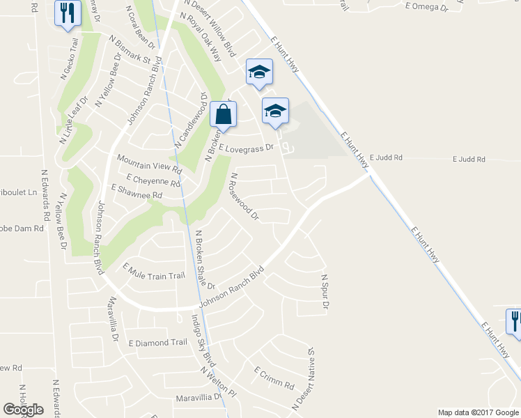 map of restaurants, bars, coffee shops, grocery stores, and more near 960 East Palomino Way in San Tan Valley