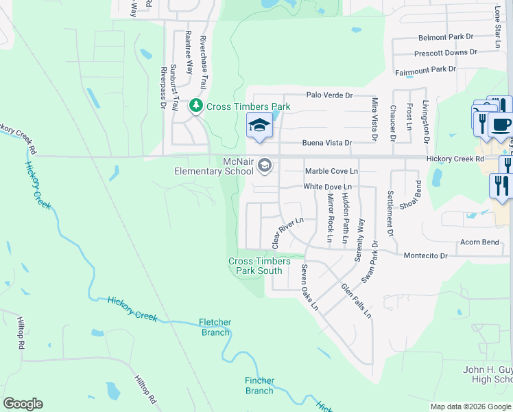 map of restaurants, bars, coffee shops, grocery stores, and more near 8000 Winding Stream Lane in Denton