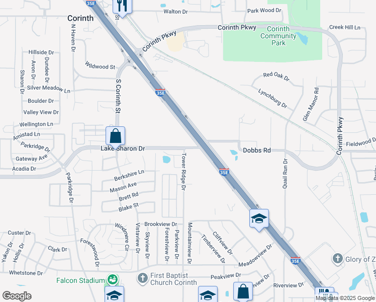 map of restaurants, bars, coffee shops, grocery stores, and more near 3418 Duncan Way in Corinth