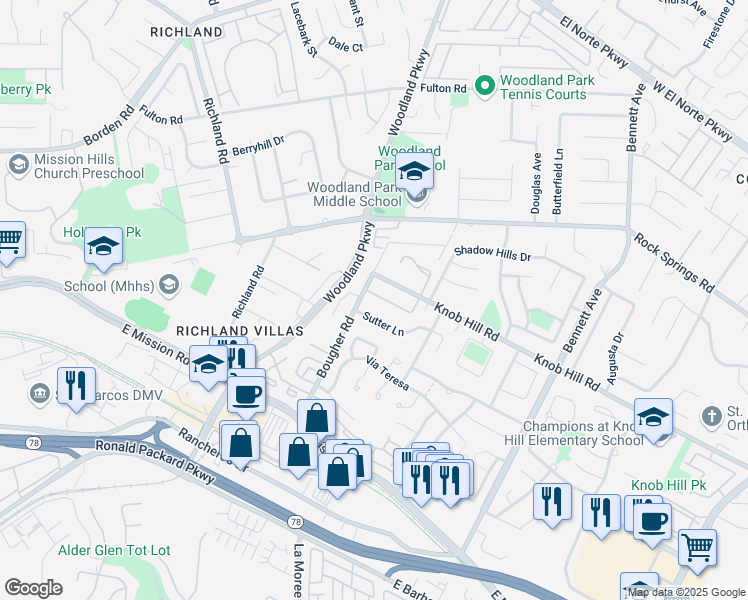 map of restaurants, bars, coffee shops, grocery stores, and more near 441 Bougher Road in San Marcos