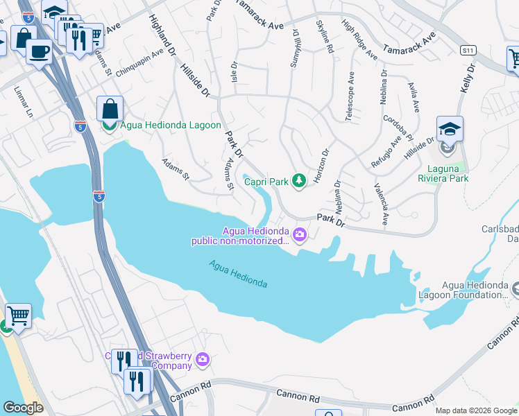 map of restaurants, bars, coffee shops, grocery stores, and more near 4513 Cove Drive in Carlsbad