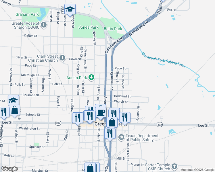 map of restaurants, bars, coffee shops, grocery stores, and more near 1906 Johnson Street in Greenville
