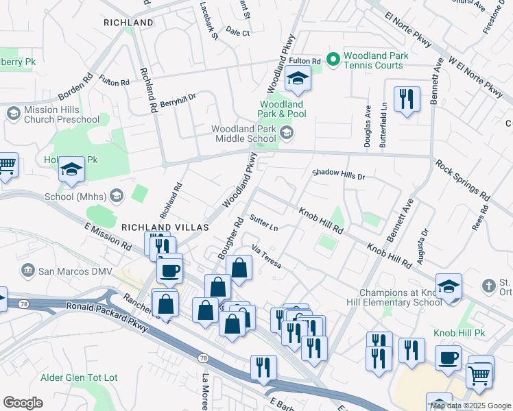 map of restaurants, bars, coffee shops, grocery stores, and more near 441 Bougher Road in San Marcos