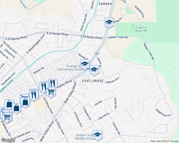 map of restaurants, bars, coffee shops, grocery stores, and more near 2861 East Valley Parkway in Escondido