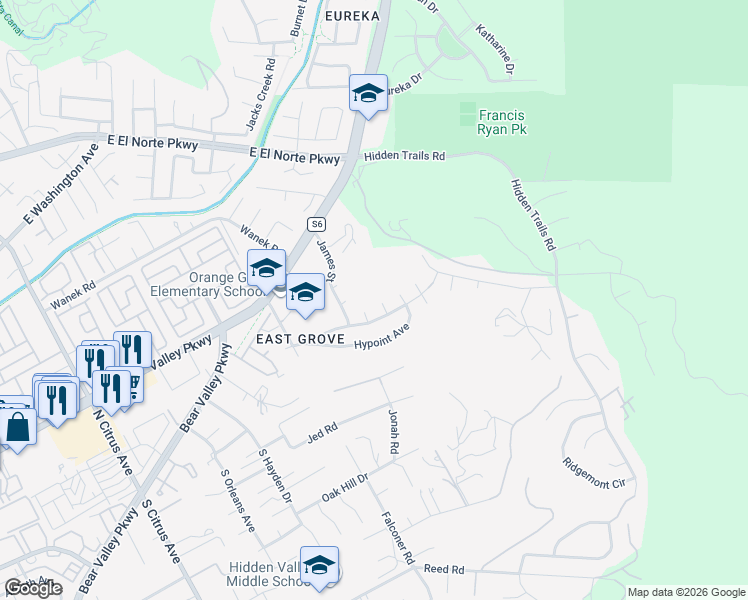 map of restaurants, bars, coffee shops, grocery stores, and more near 2973 Roseann Avenue in Escondido