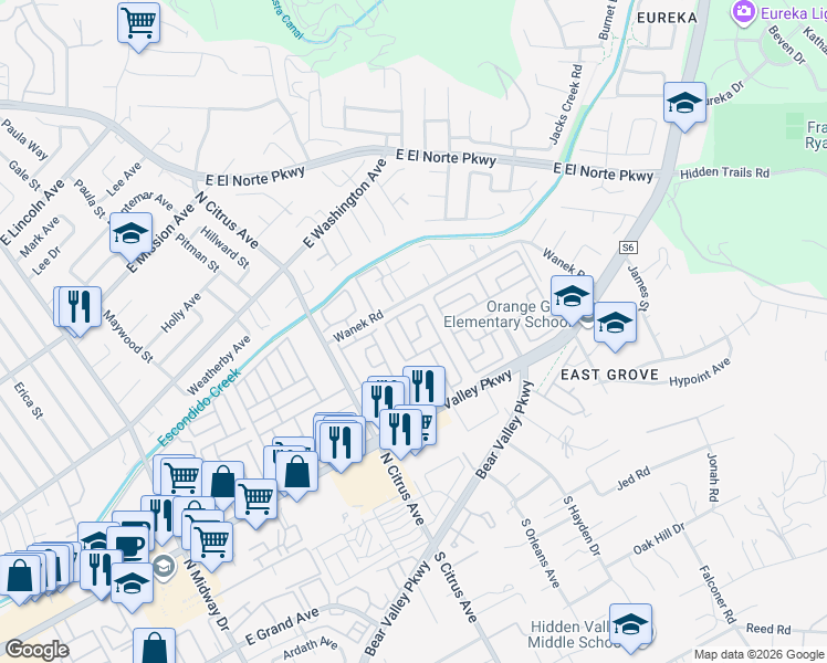 map of restaurants, bars, coffee shops, grocery stores, and more near 456 Devonshire Glen in Escondido