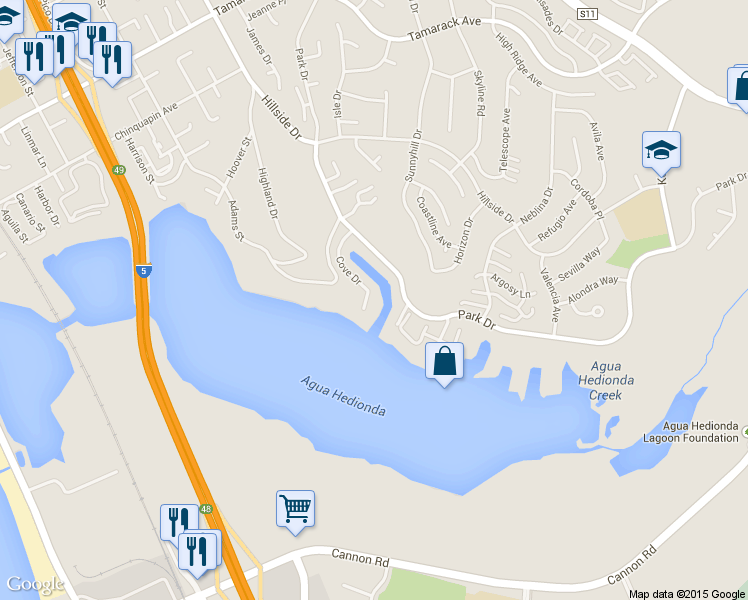 map of restaurants, bars, coffee shops, grocery stores, and more near 4513 Cove Drive in Carlsbad
