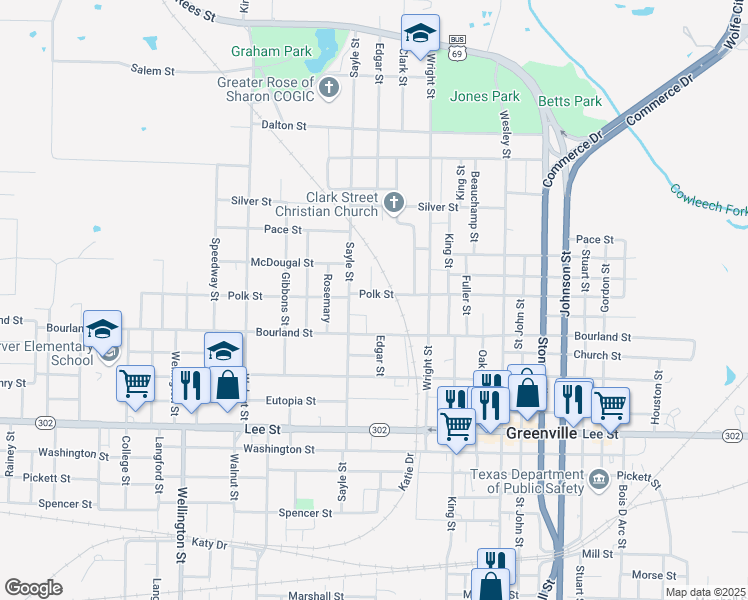 map of restaurants, bars, coffee shops, grocery stores, and more near 3208 Bourland Street in Greenville