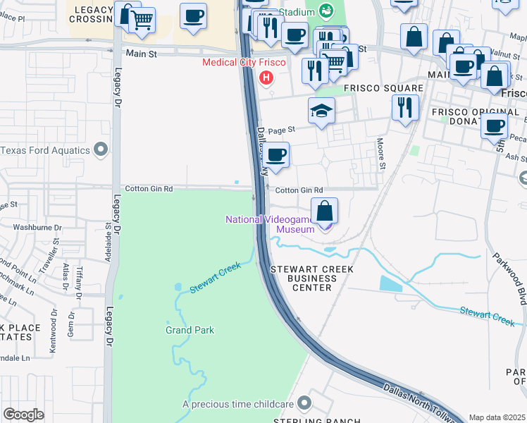 map of restaurants, bars, coffee shops, grocery stores, and more near Dallas North Tollway in Frisco