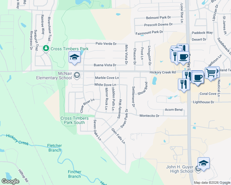 map of restaurants, bars, coffee shops, grocery stores, and more near 7901 Hidden Path Lane in Denton